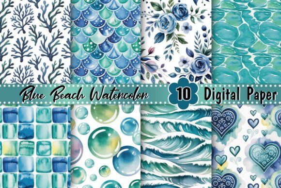 Blue Beach Watercolor Digital Paper for Creators